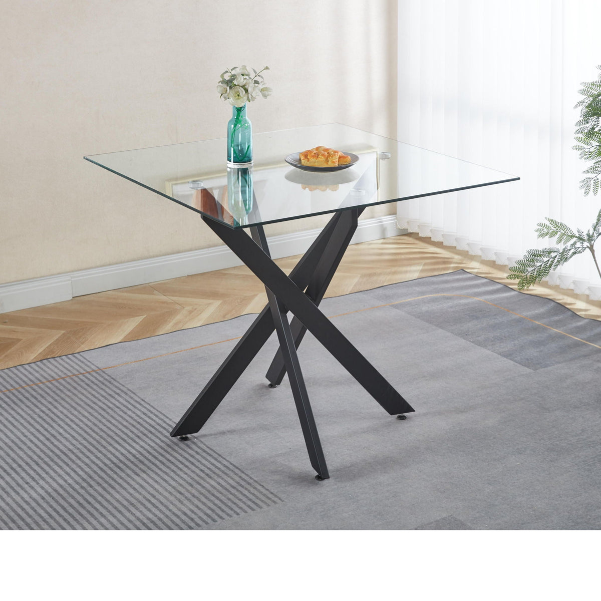 Modern Tempered Glass Dining Table with Cross Metal Legs - Multiple Colors