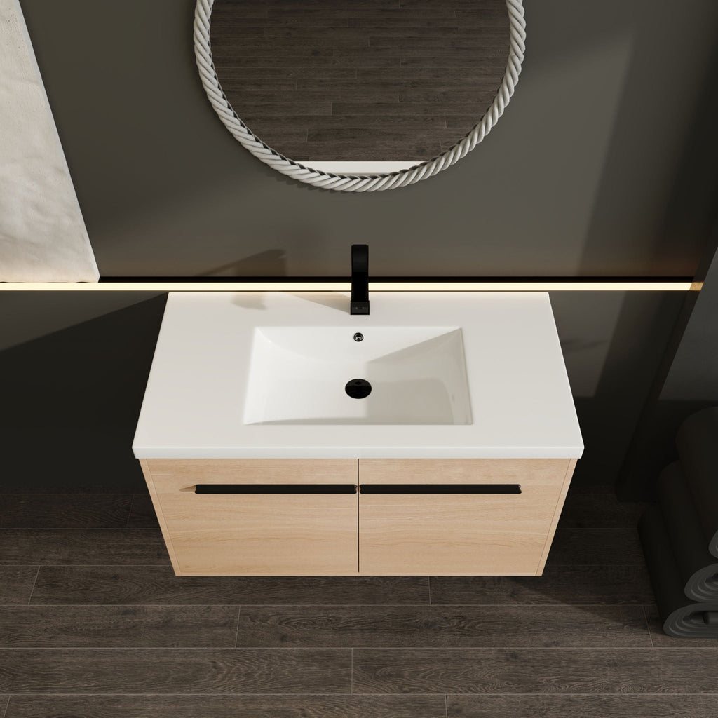Bathroom Vanity Set with Resin Countertop Sink and 2 Doors - Light Brown Oak