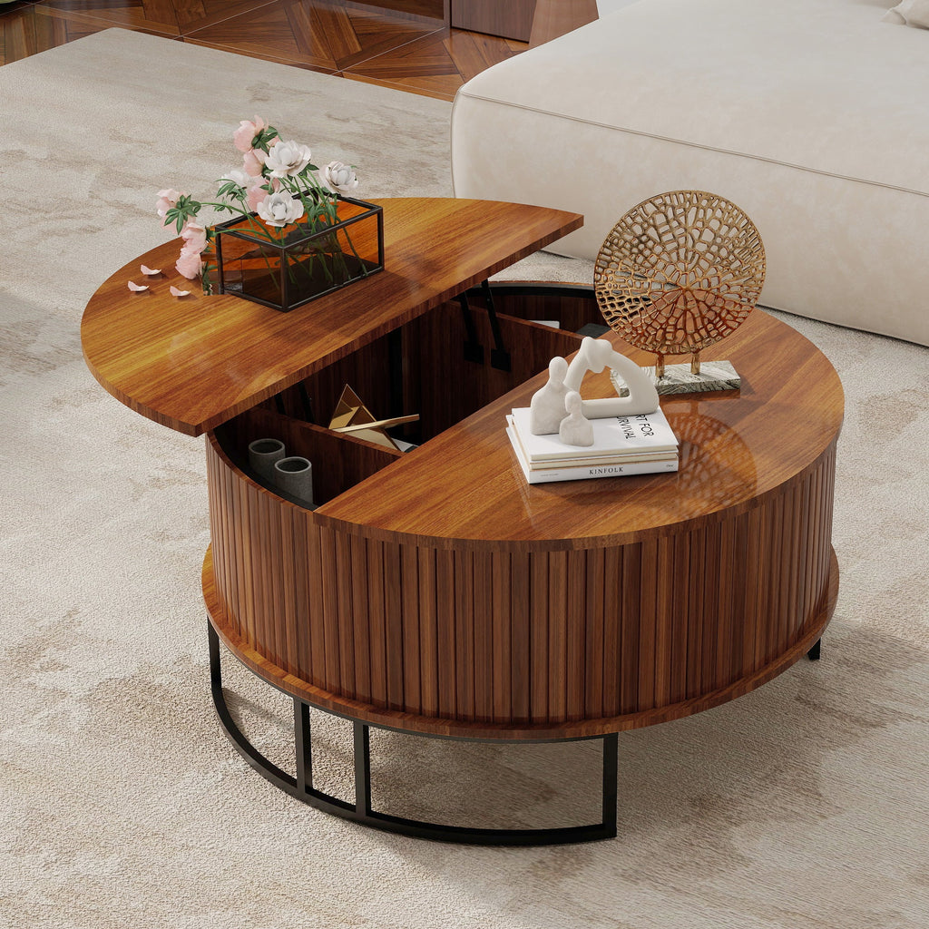 31.5" Round Coffee Table with Fluted Lift-Top Storage - Walnut