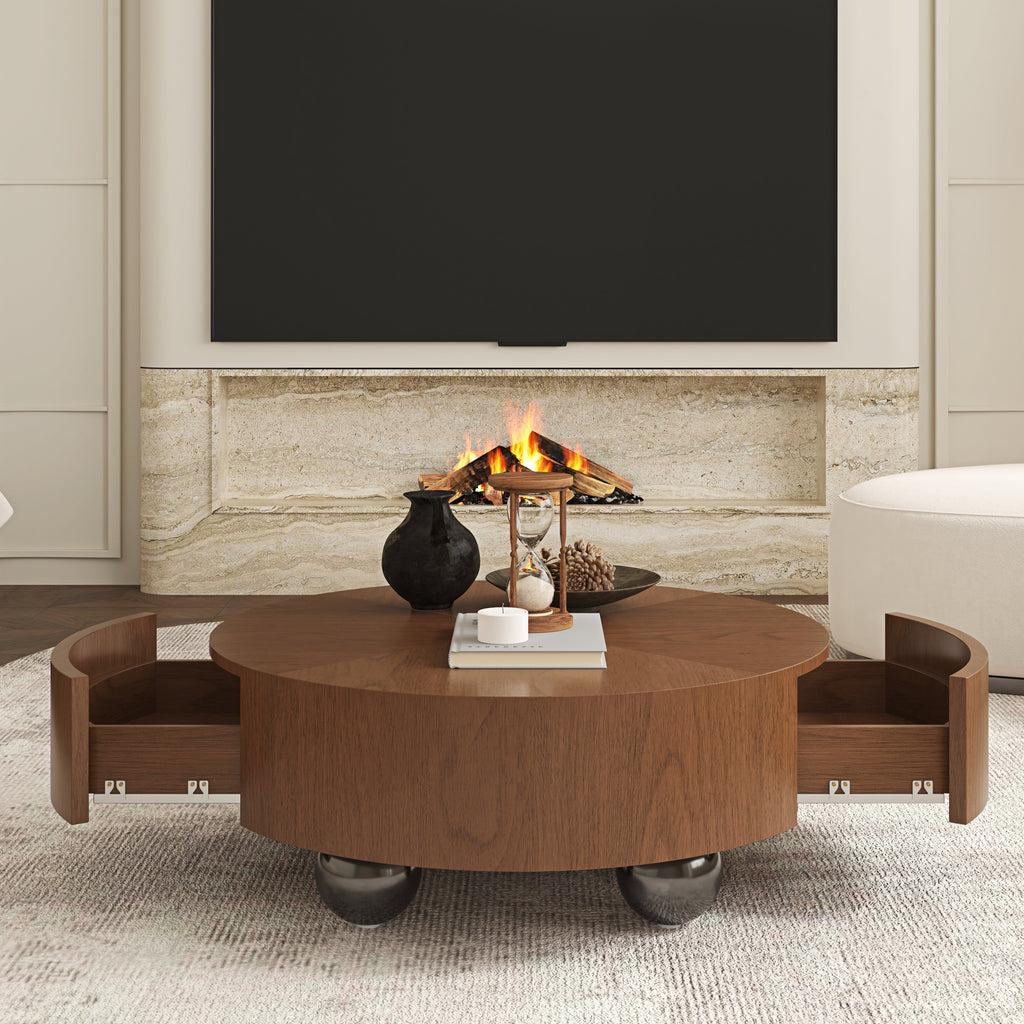 Drum Shaped Round Coffee Table with Solid Wood & MDF Construction - Natural