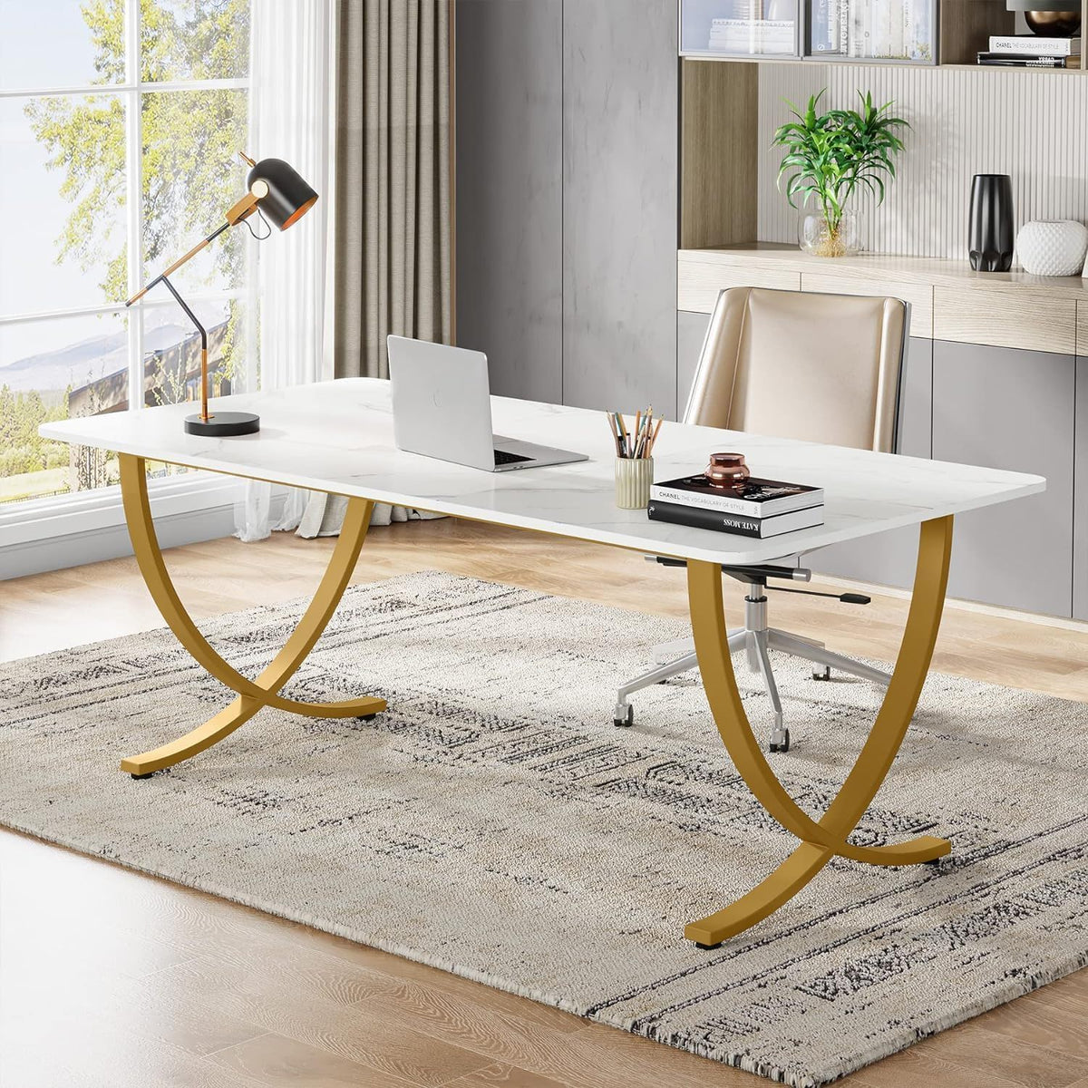 Executive Office Computer Desk with E0 Board - White / Gold
