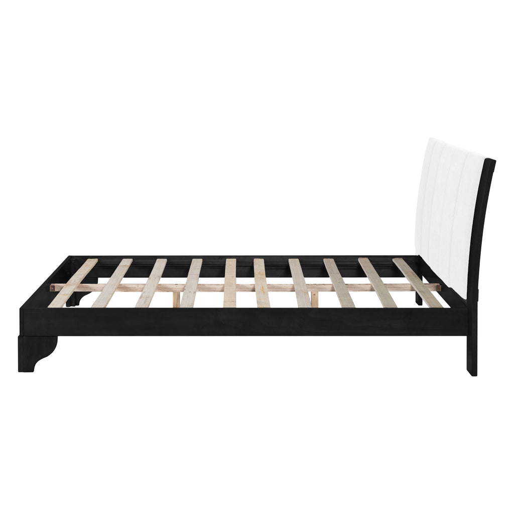 Queen Size Bed Frame with Upholstered Headboard - Black & White Pine