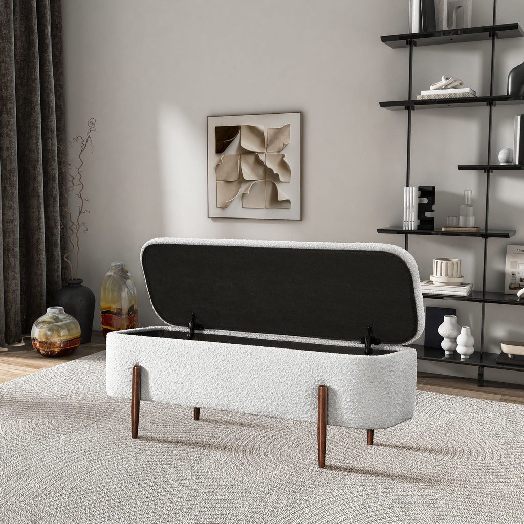 Ivory Storage Bench with Hidden Storage - Boucle Upholstery