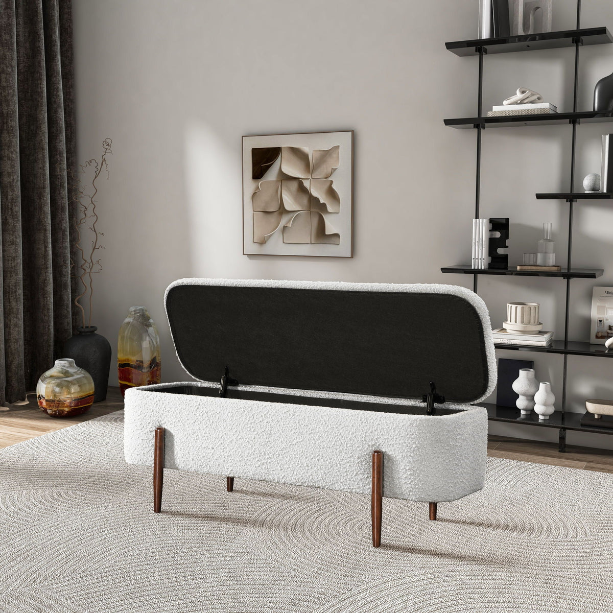 Ivory Storage Bench with Hidden Storage - Boucle Upholstery