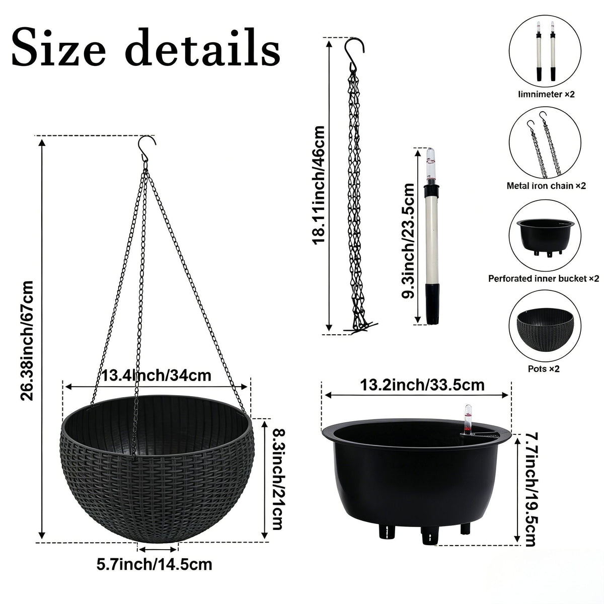 Self Watering Hanging Planter with Water Level Indicator - White, Black, or Dark Brown