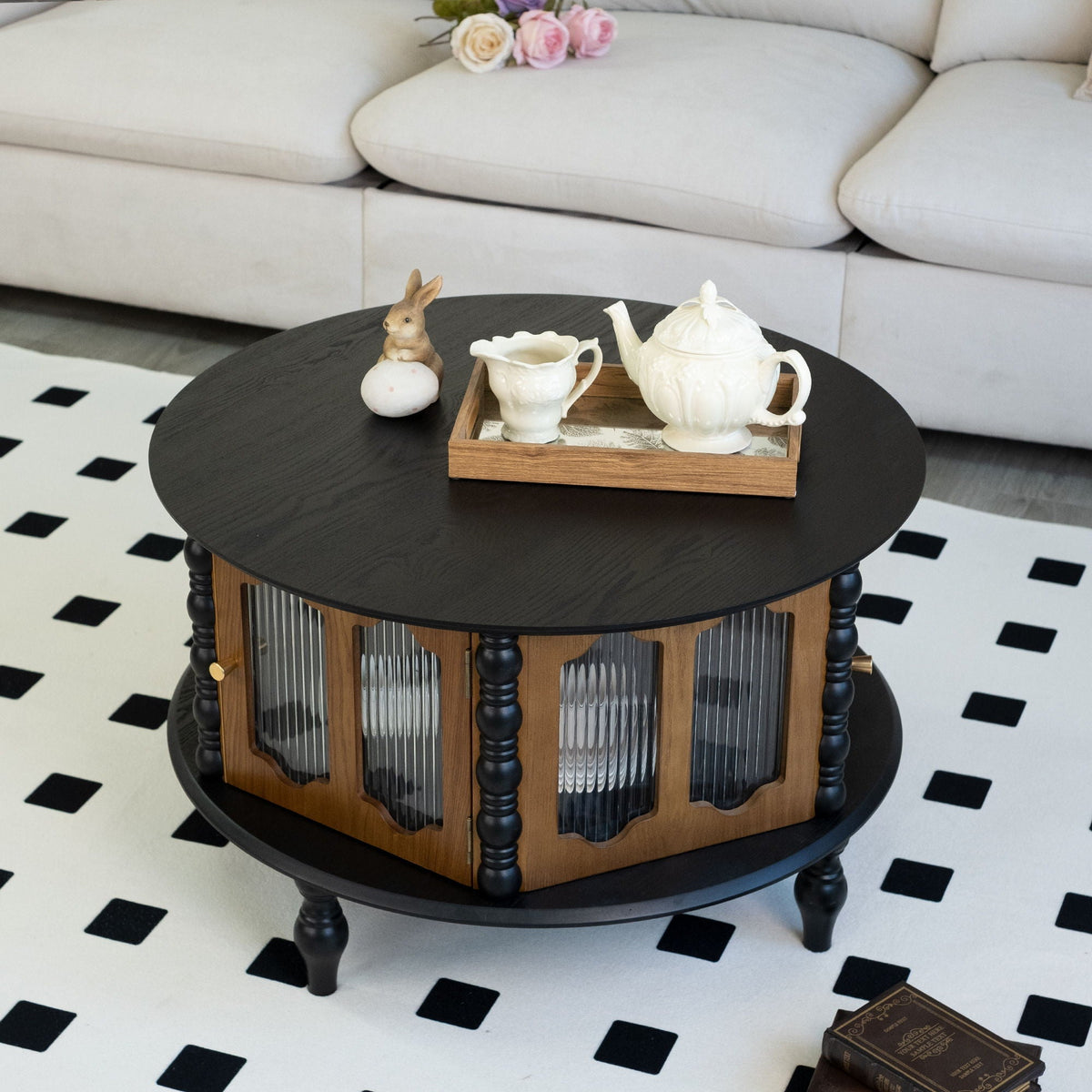 Round Storage Coffee Table with Fluted Glass Doors - Black or Dark Brown