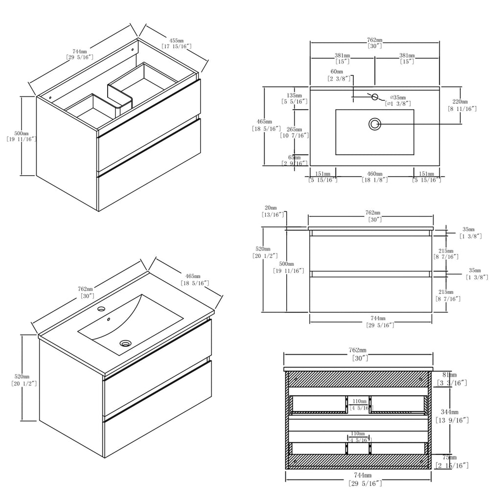 30 Inch Floating Bathroom Vanity with Soft-Close Drawer and Ceramic Sink - Multiple Colors