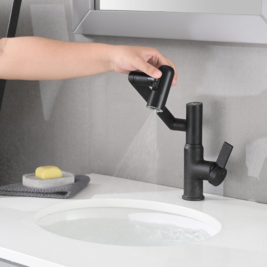 Bathroom Sink Faucet with Spray Function and Temperature Display - Black or Pearl Silver