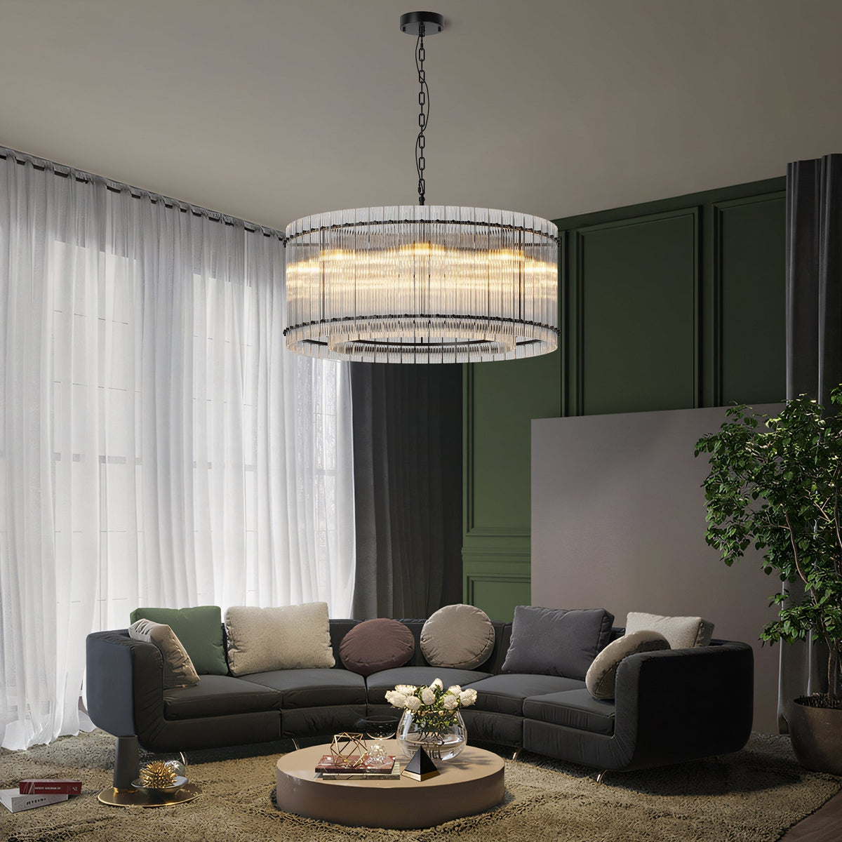 37-Inch Modern Black Round 8-Light Crystal Chandelier with Water Ripple Glass - Black