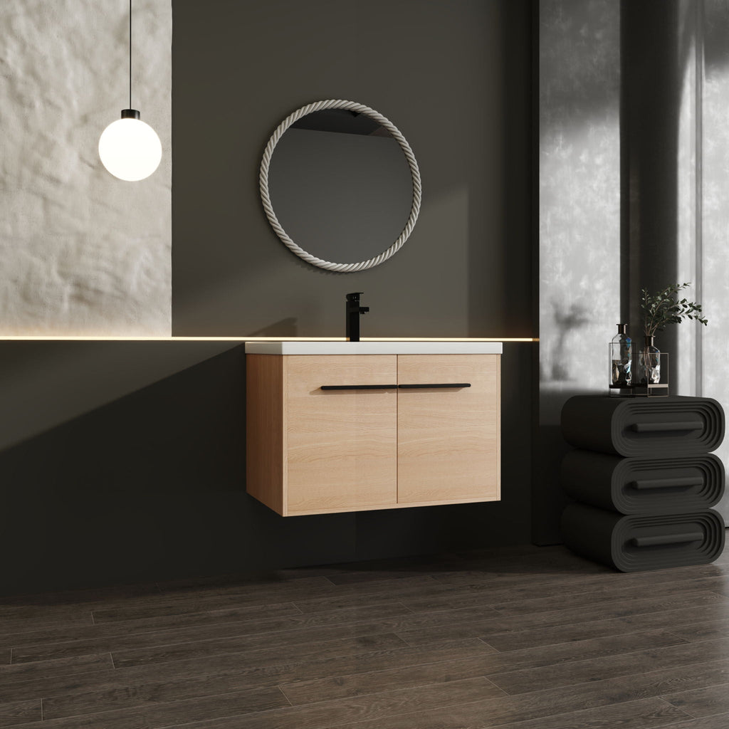Bathroom Vanity Set with Resin Countertop Sink and 2 Doors - Light Brown Oak