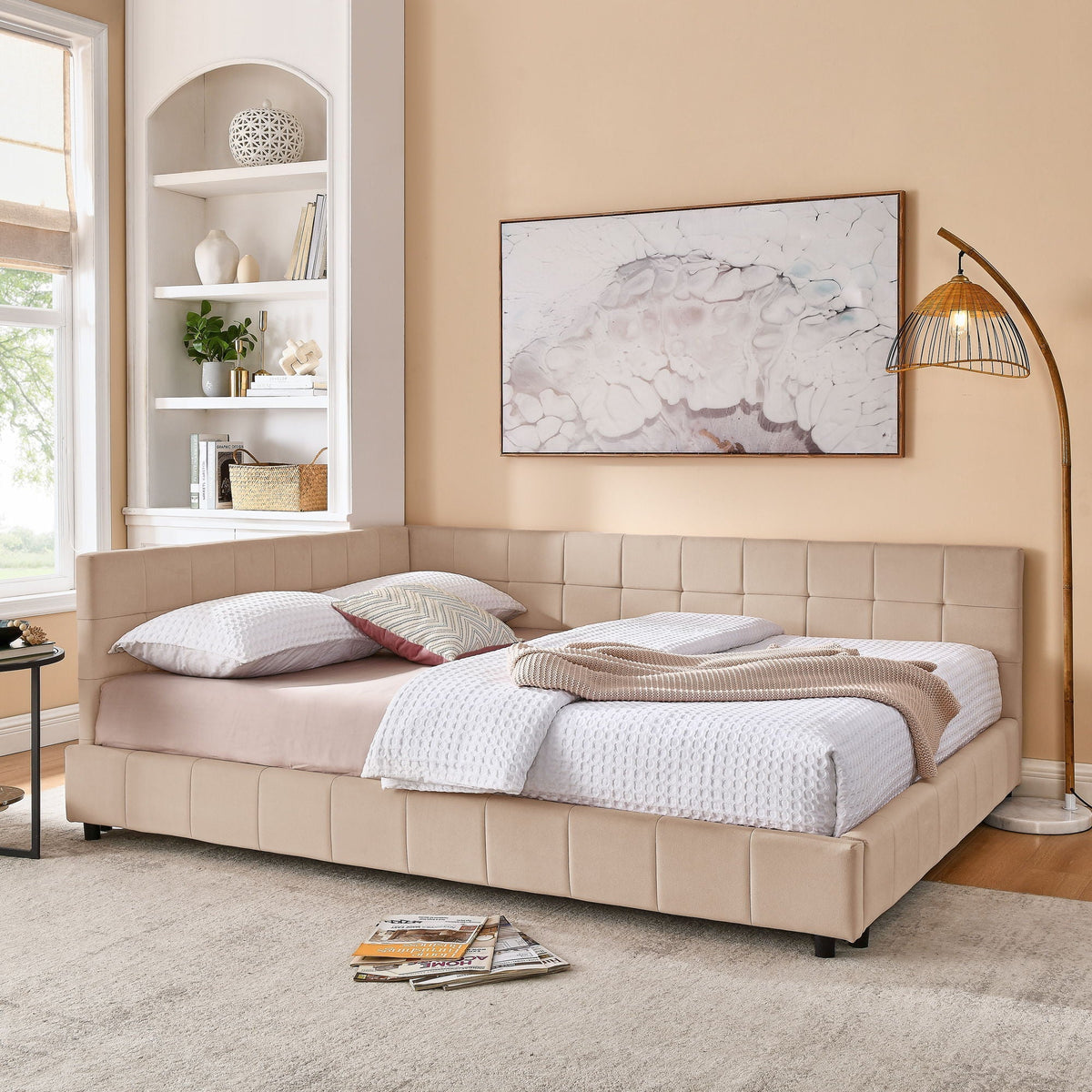 Mid-Century Storage Upholstered Tufted Bed Frame with Backrest and Armrests - Multiple Colors