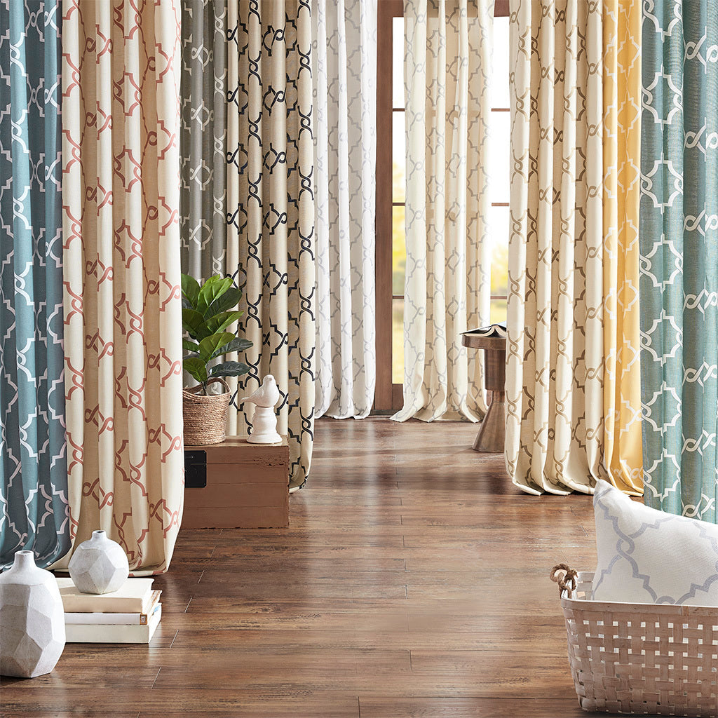 Fretwork Print Grommet Top Window Curtain Panel with Sunlight Filtering - Beige/Grey