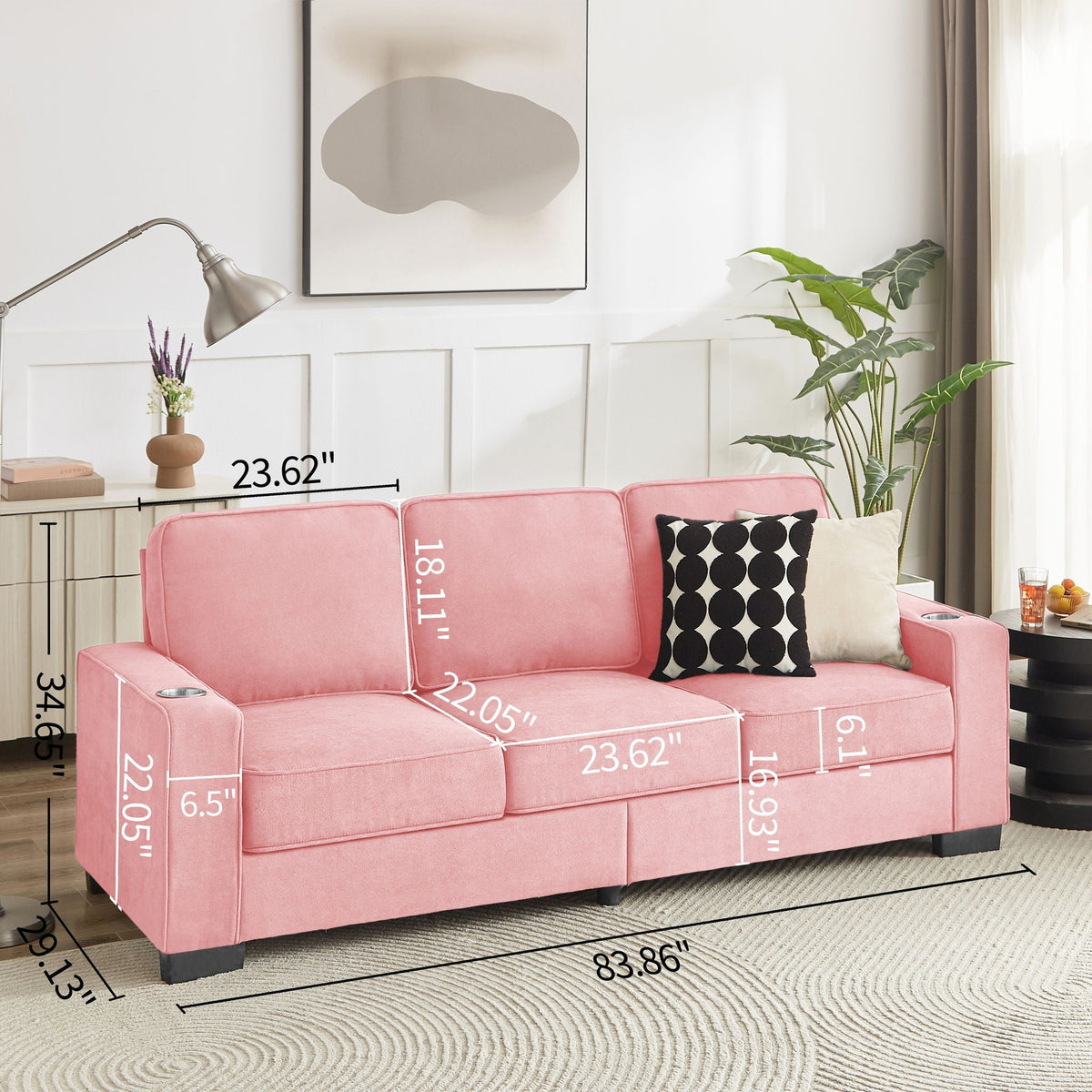 Modern Snowfleece Fabric 3 Seater Sofa with Cup Holder – Pink