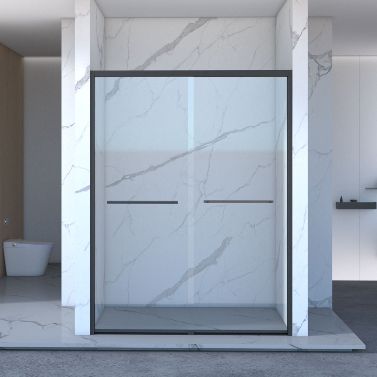 Double Sliding Shower Door with Tempered Glass - Matte Black