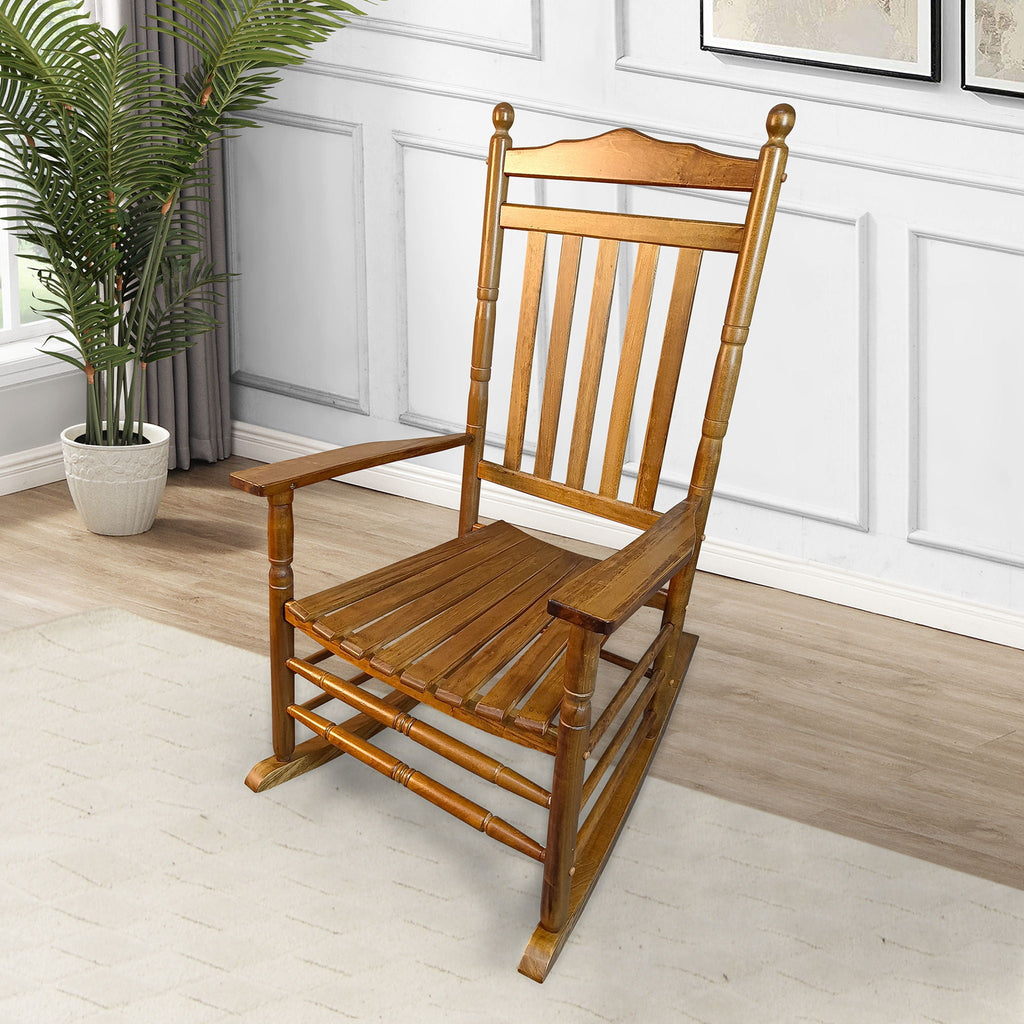 Balcony Porch Adult Rocking Chair with Solid Hardwood Frame - Available in Brown, Oak, or White