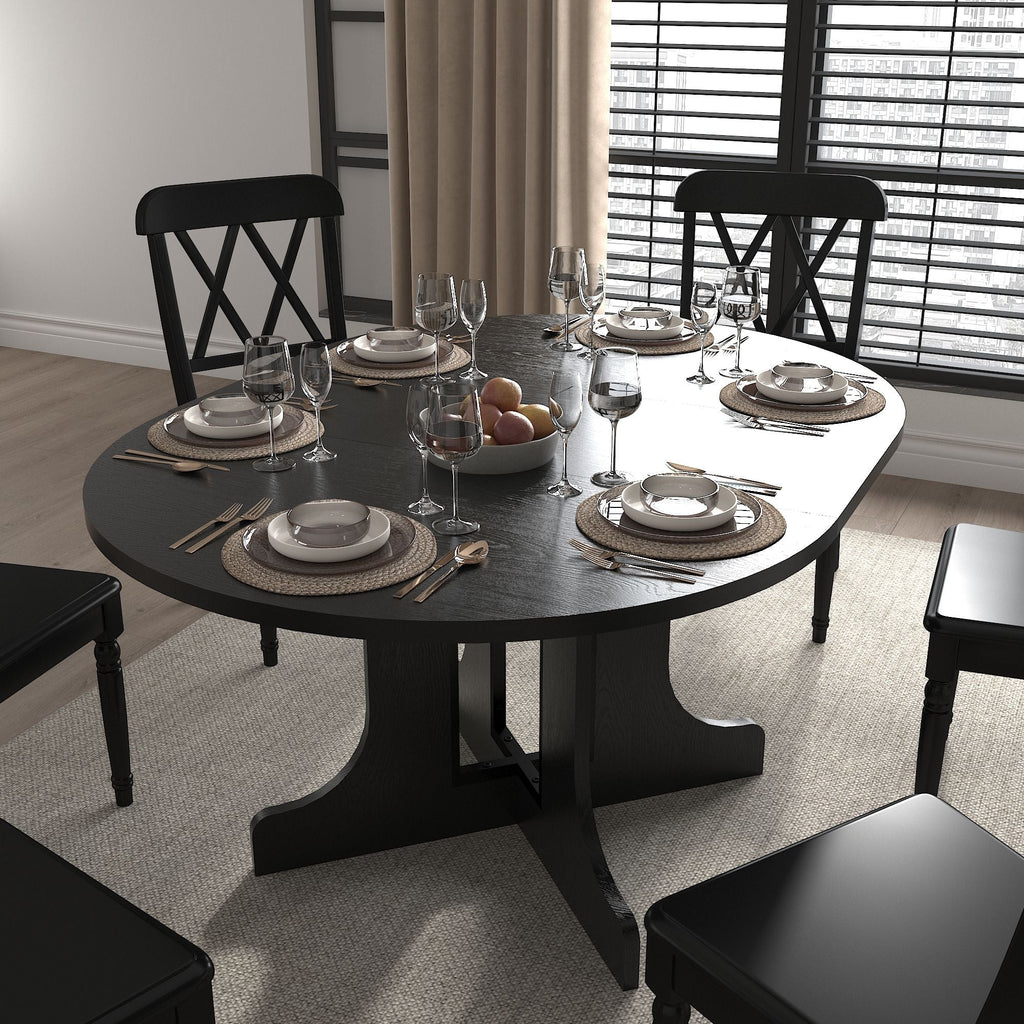 Expandable Oval Farmhouse Dining Table with Removable Leaf and X-Shaped Base - Black