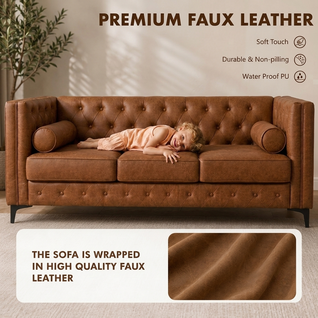 Elegant Button Tufted Sofa with Metallic Legs - Faux Leather