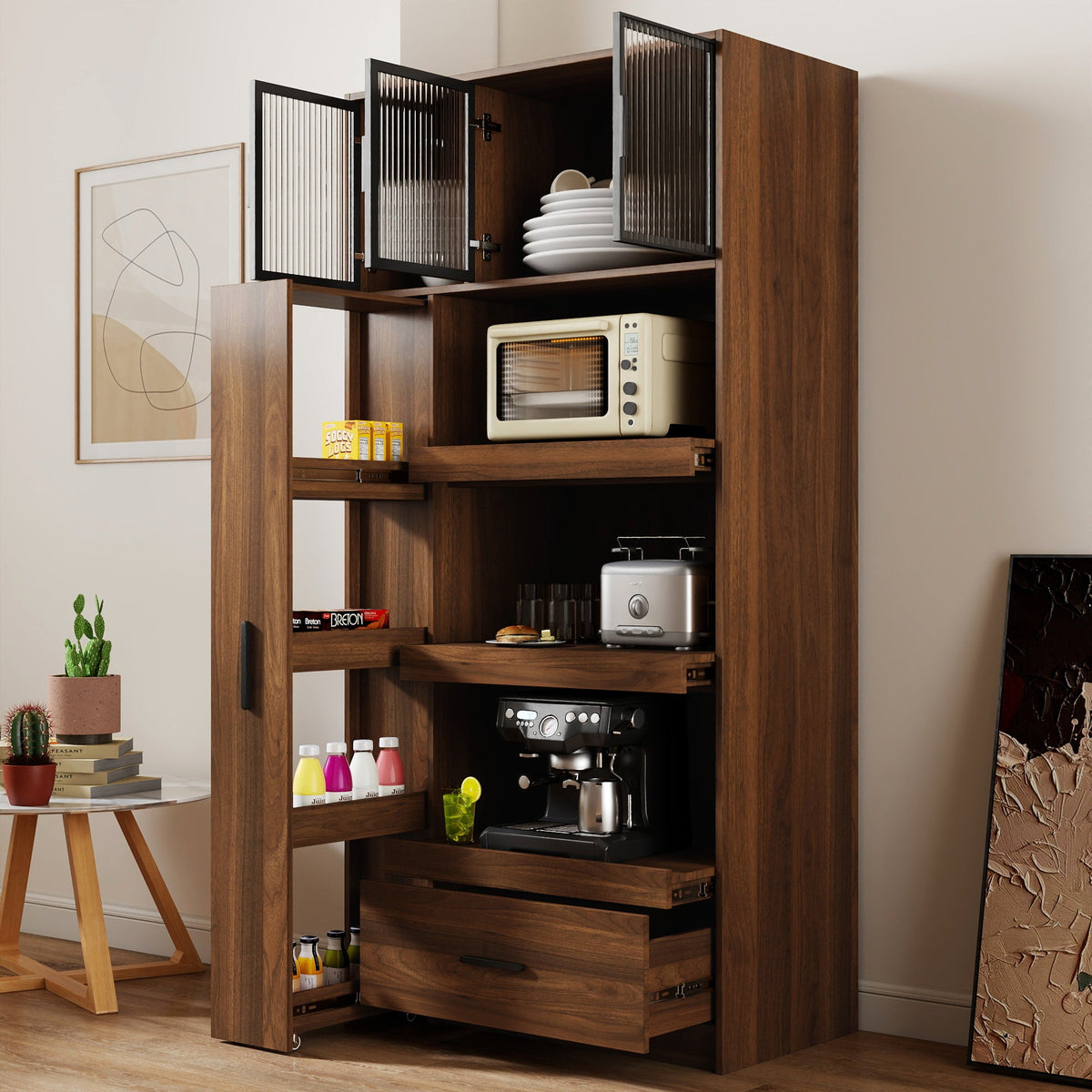 Tall Kitchen Pantry Cabinet with Multi-Tier Pull-Out Shelf - Walnut