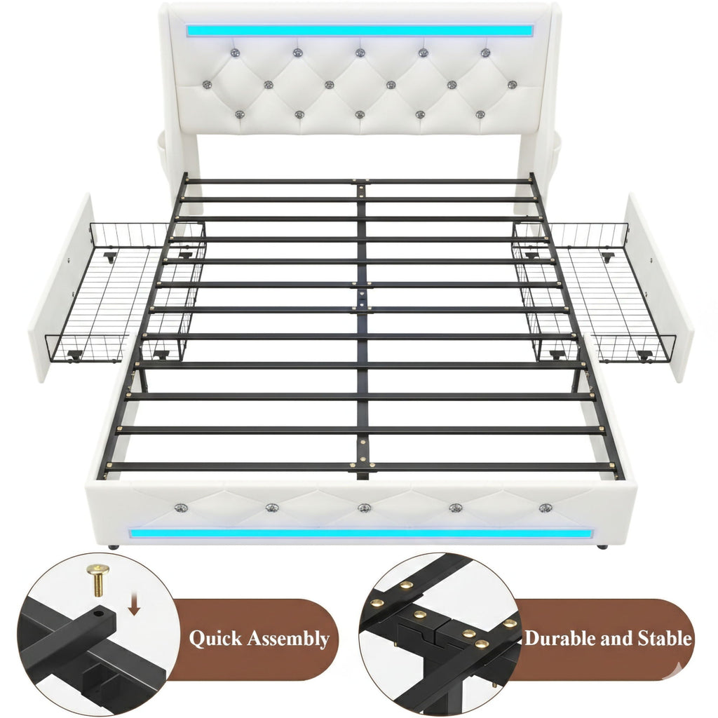 Wingback Upholstered Bed Frame with LED Lights and Charging Station - Black or White