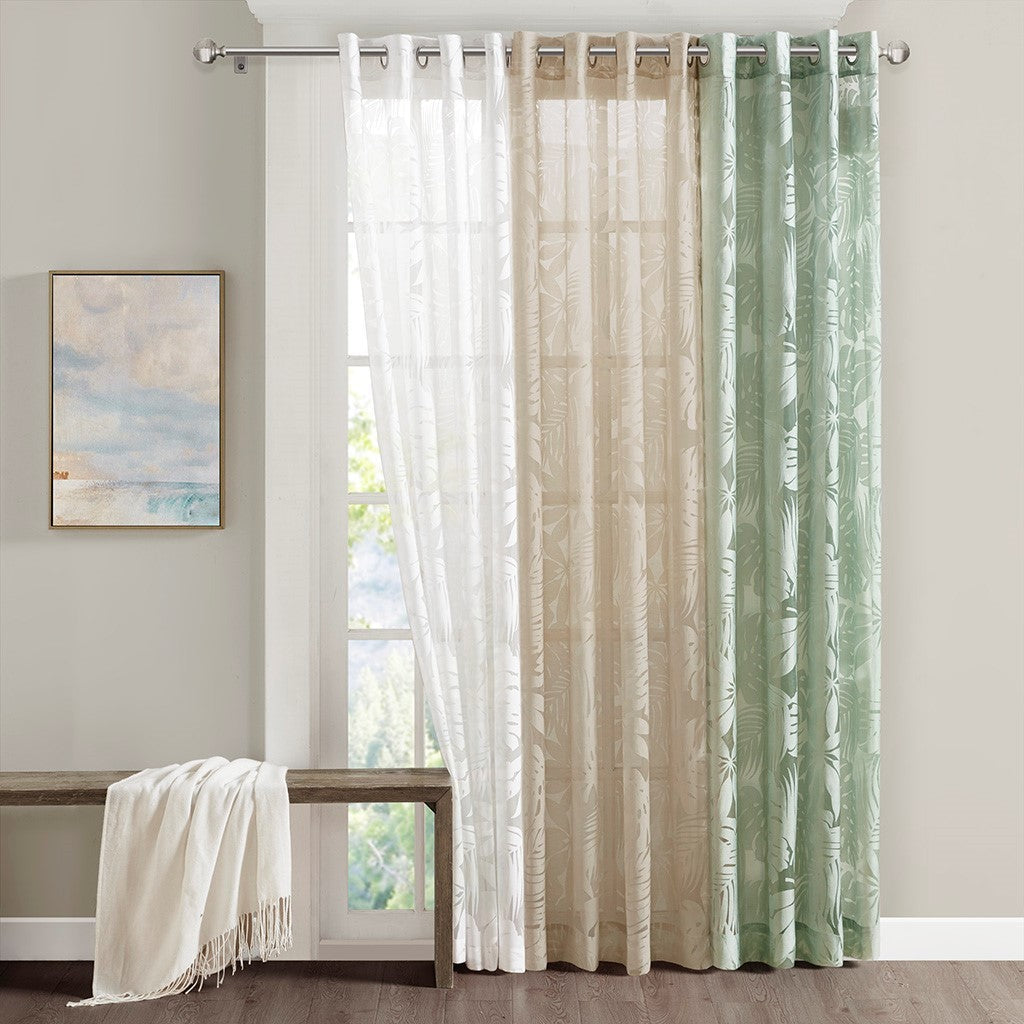 Palm Leaf Burnout Sheer Window Curtain with Grommets - White