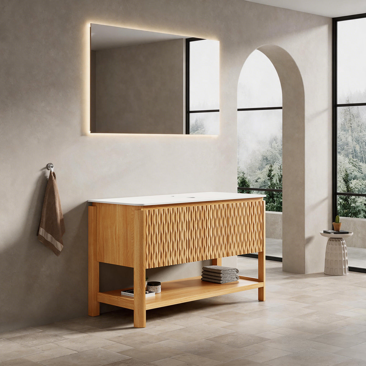 Sharma 48" Freestanding Cabinet with 3 Doors & Open Shelf - Carrara