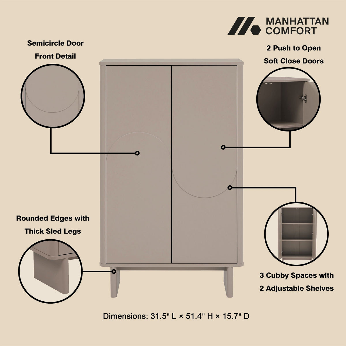 Accent Cabinet with Soft Close Doors and Adjustable Shelves - White, Light Brown, or Green