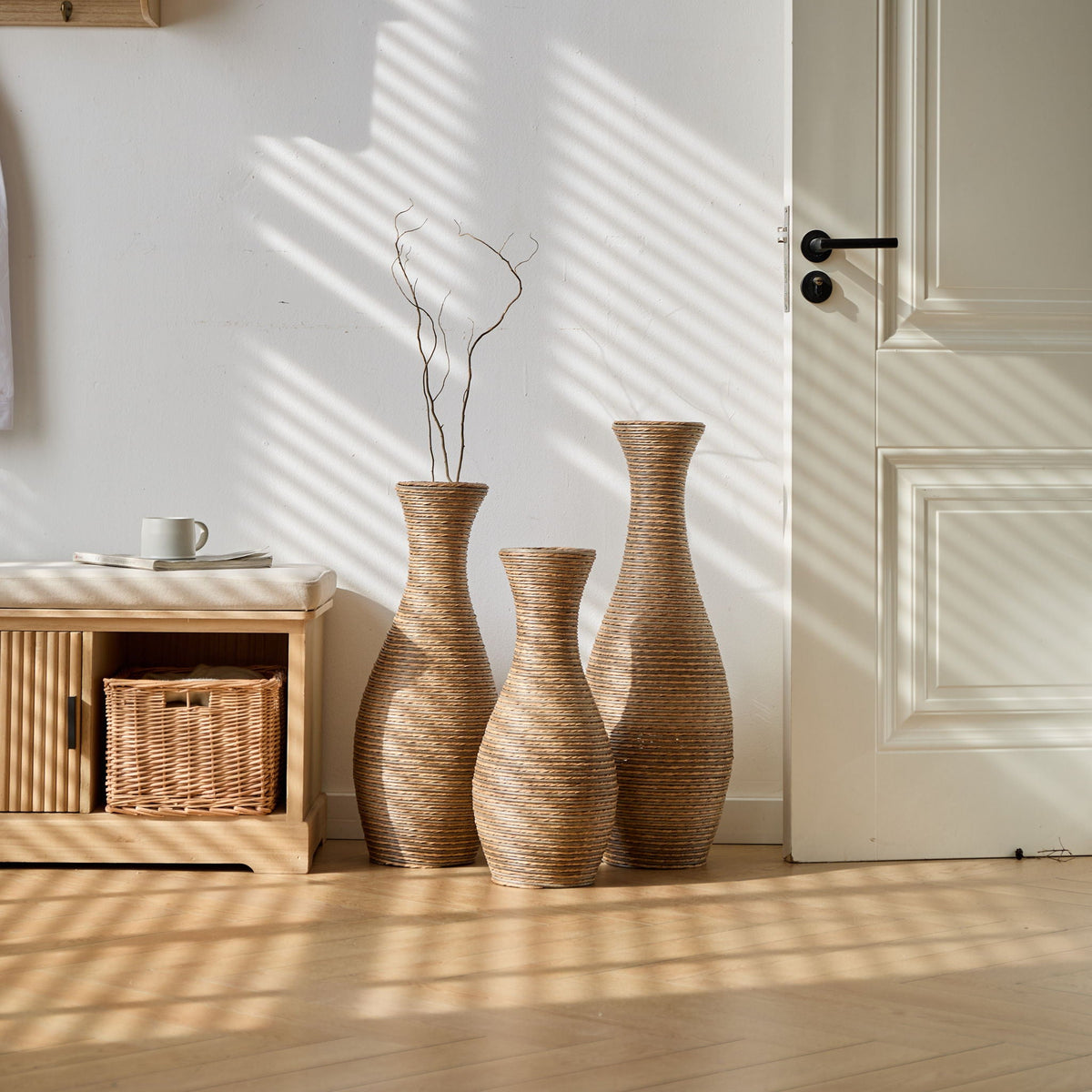 3 Piece Artificial Rattan Floor Vase Set with Modern Artistic Style - Beige