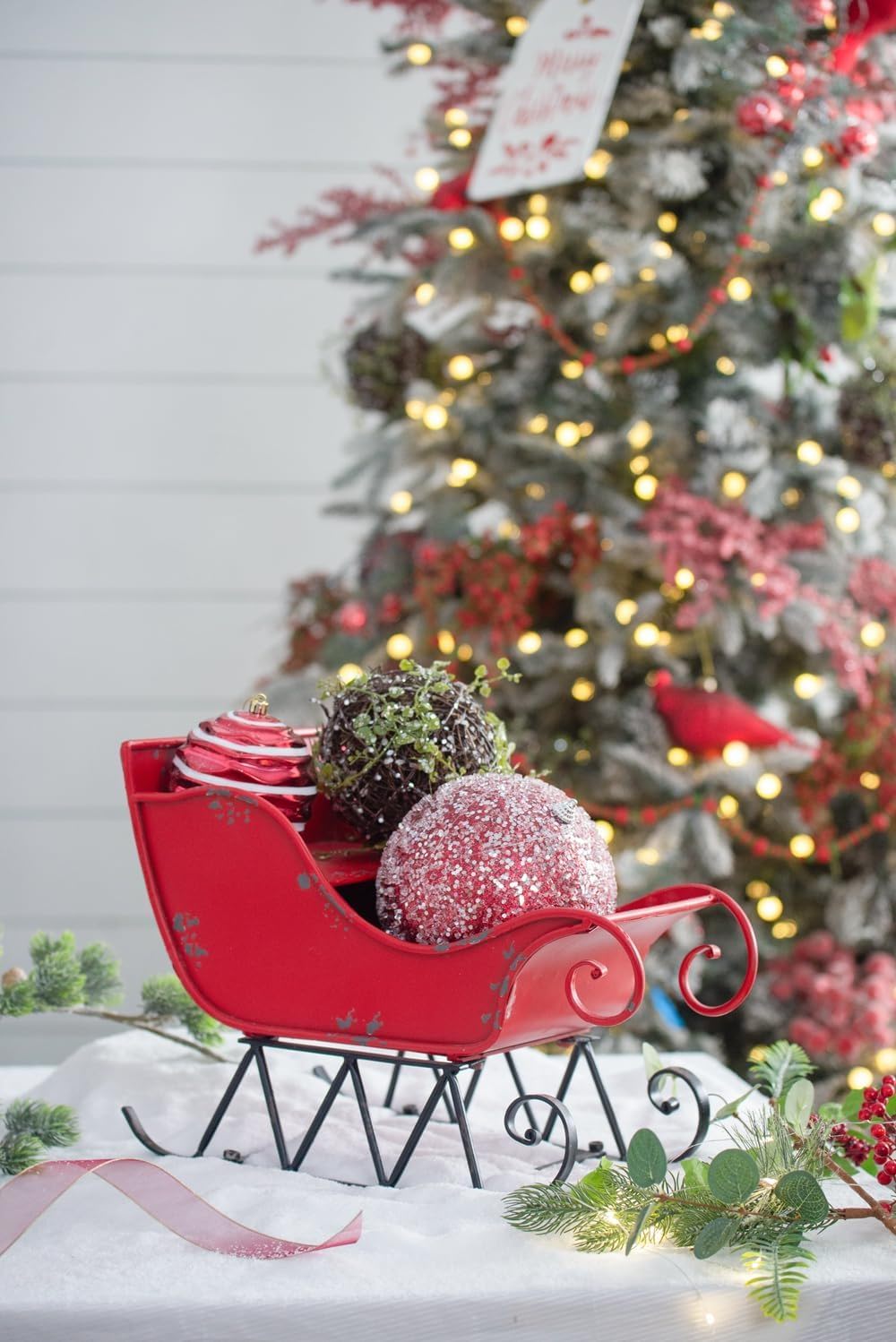 Red Iron Christmas Santa Sleigh Decoration with Durable Iron Construction