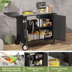 Outdoor Grill Table With Sink and Foldable Work Surface - Black