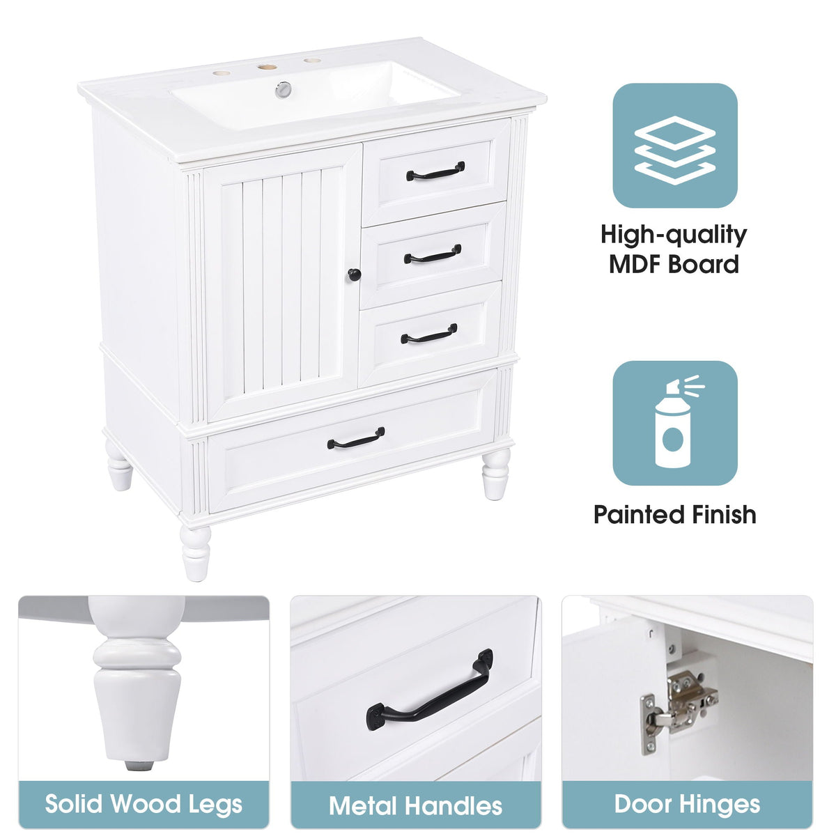 30" Bathroom Vanity with Sink and Soft-Close Drawers - White or Black
