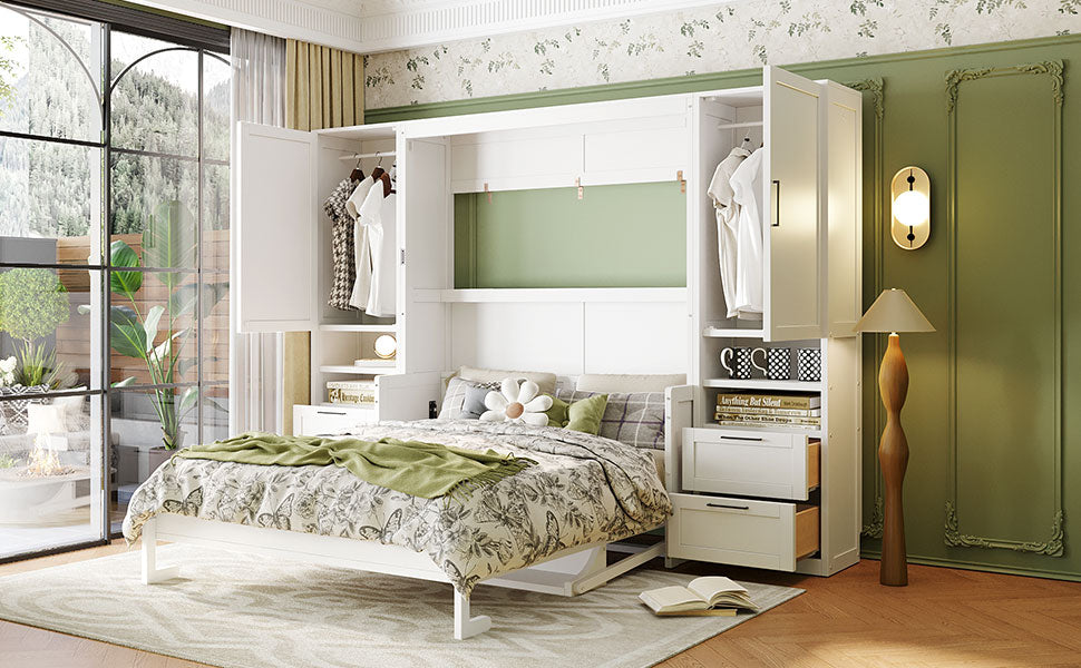Queen Size Murphy Bed with Closet, Drawers and Shelves - White