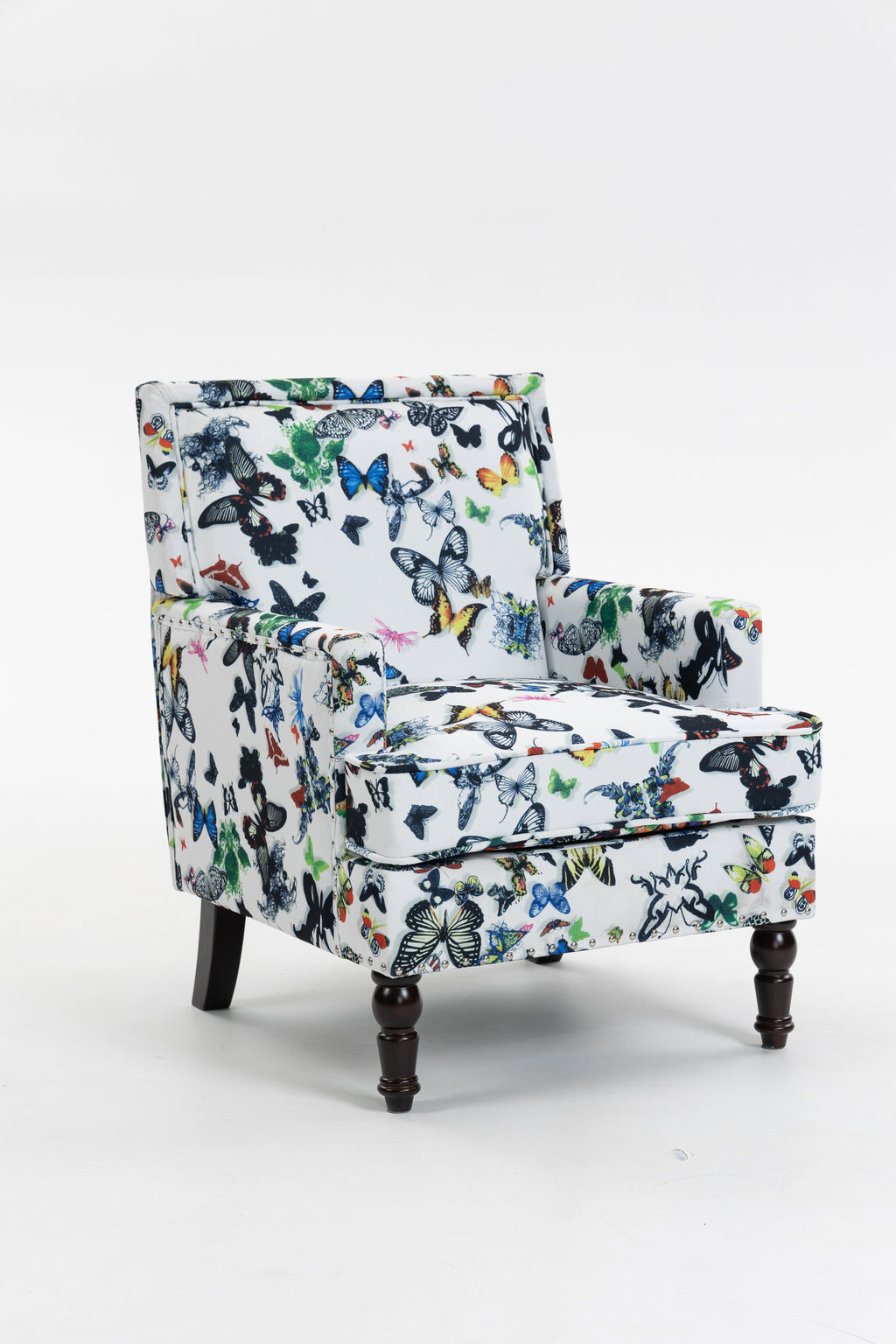 Upholstered Accent Chair with Solid Wood Legs - Vintage Armchair - Blue and White