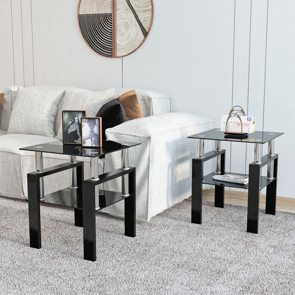 Modern Tempered Glass Tea Table Set with Metal Frame – Black