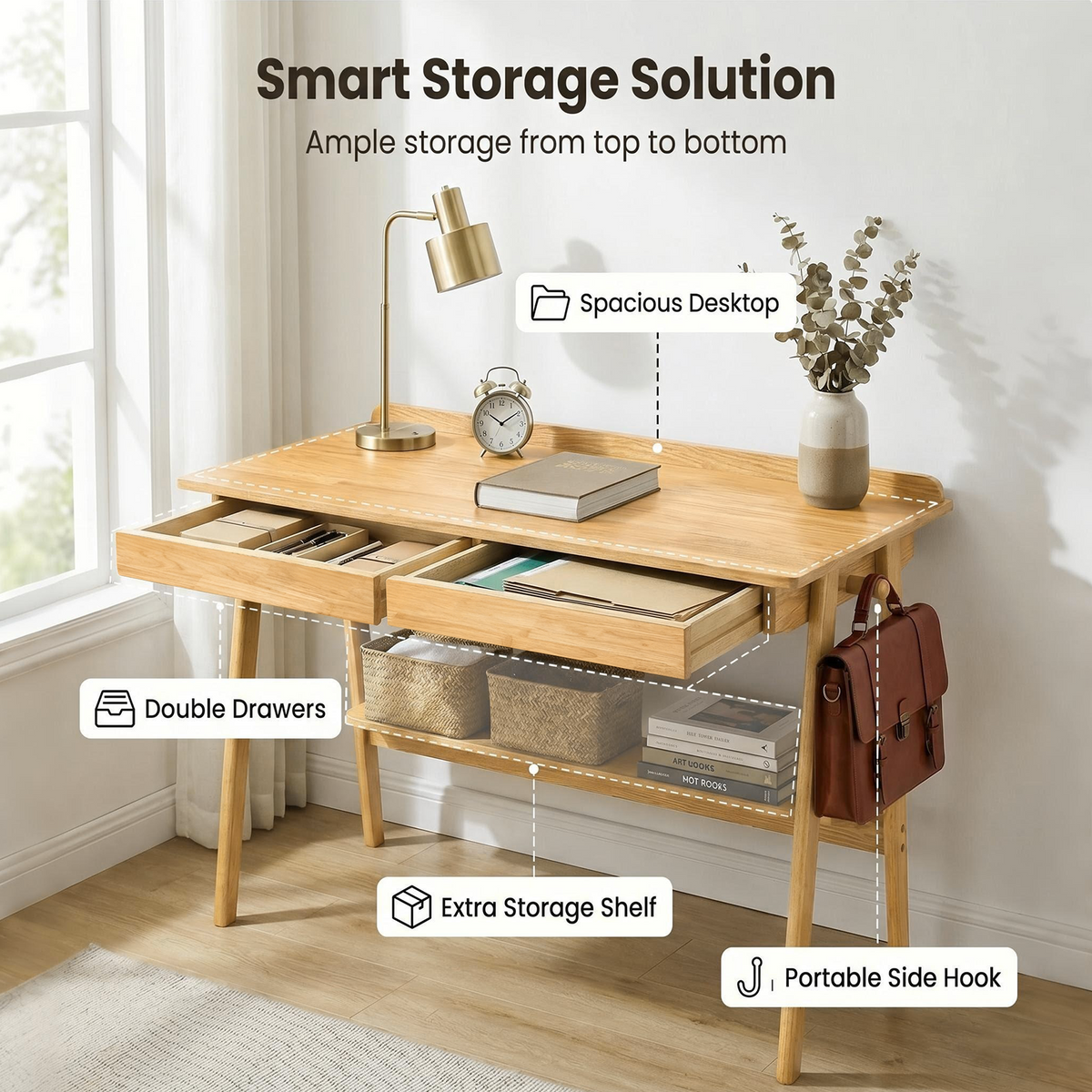Solid Wood Writing Desk with Drawers & Storage Shelf - Mid Century Modern