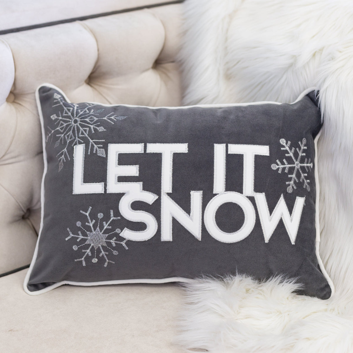 Gray Velvet Lumbar Throw Pillow with Snowflake Embroidery - 14x20