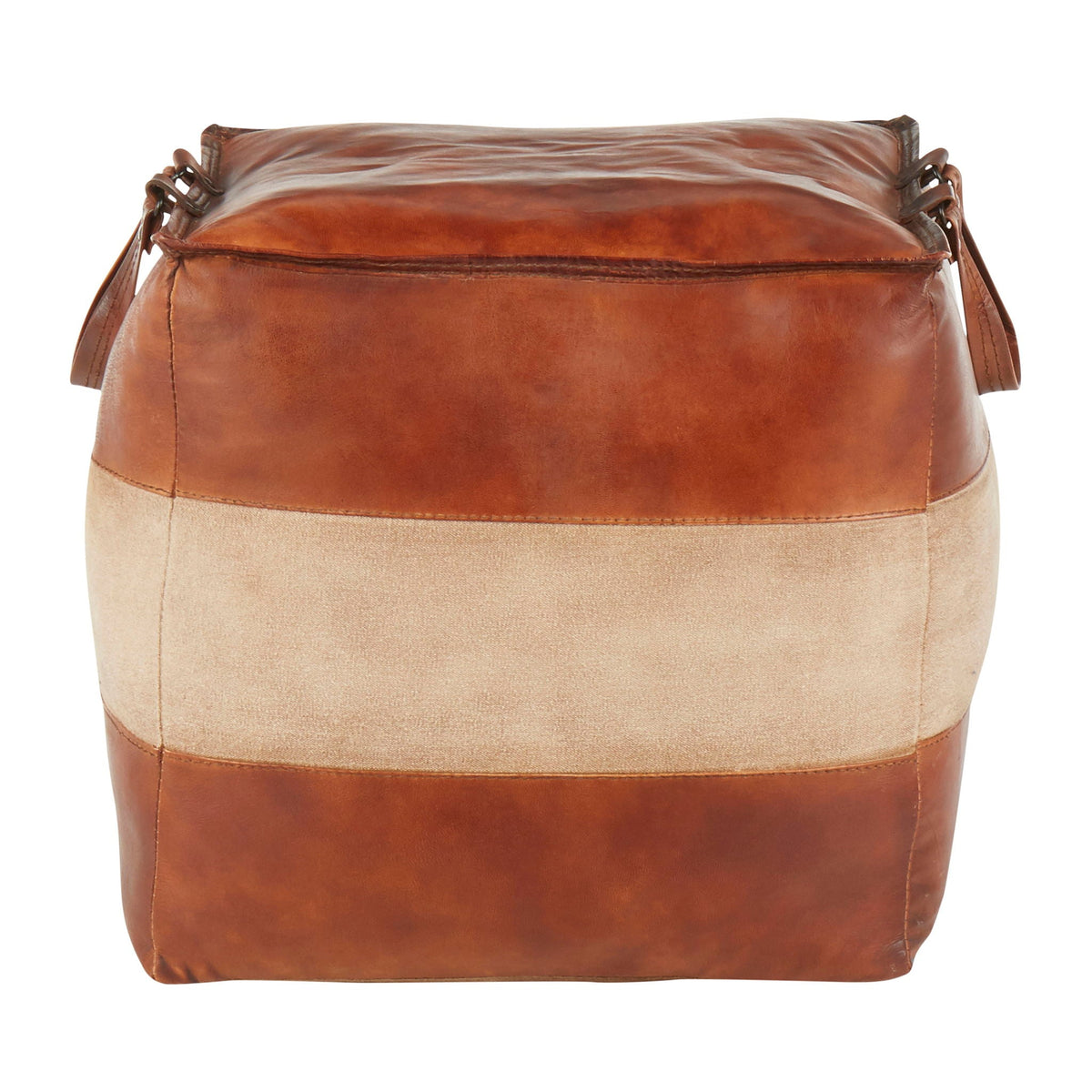 Industrial Pouf Ottoman with Side Handles - Light Brown, Dark Brown, Dark Gray