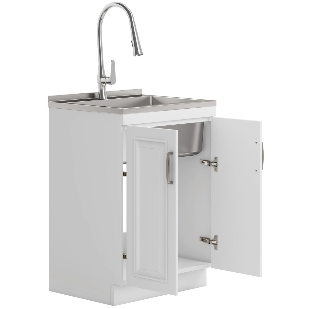 Deluxe Laundry Cabinet with Pull-Out Faucet and Stainless Steel Sink - White