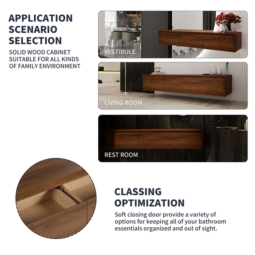 Modern Wall Mounted Bathroom Vanity with Resin Sink and Side Cabinet - Brown Ebony