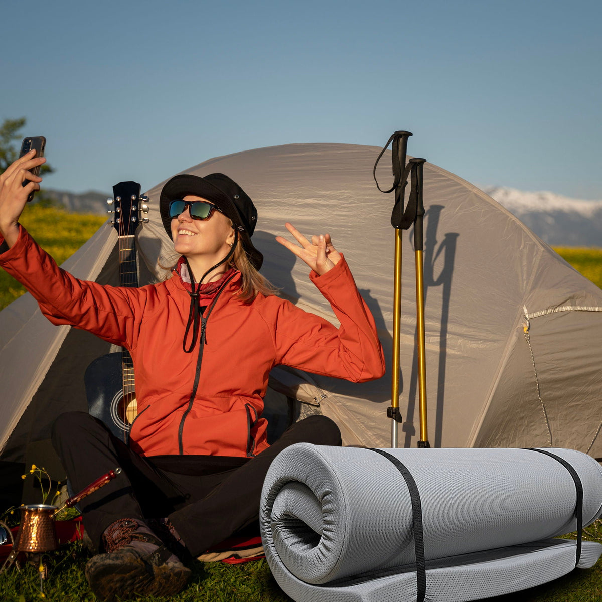 Memory Foam Camping Mattress with Water-Resistant Zipper Cover - Gray