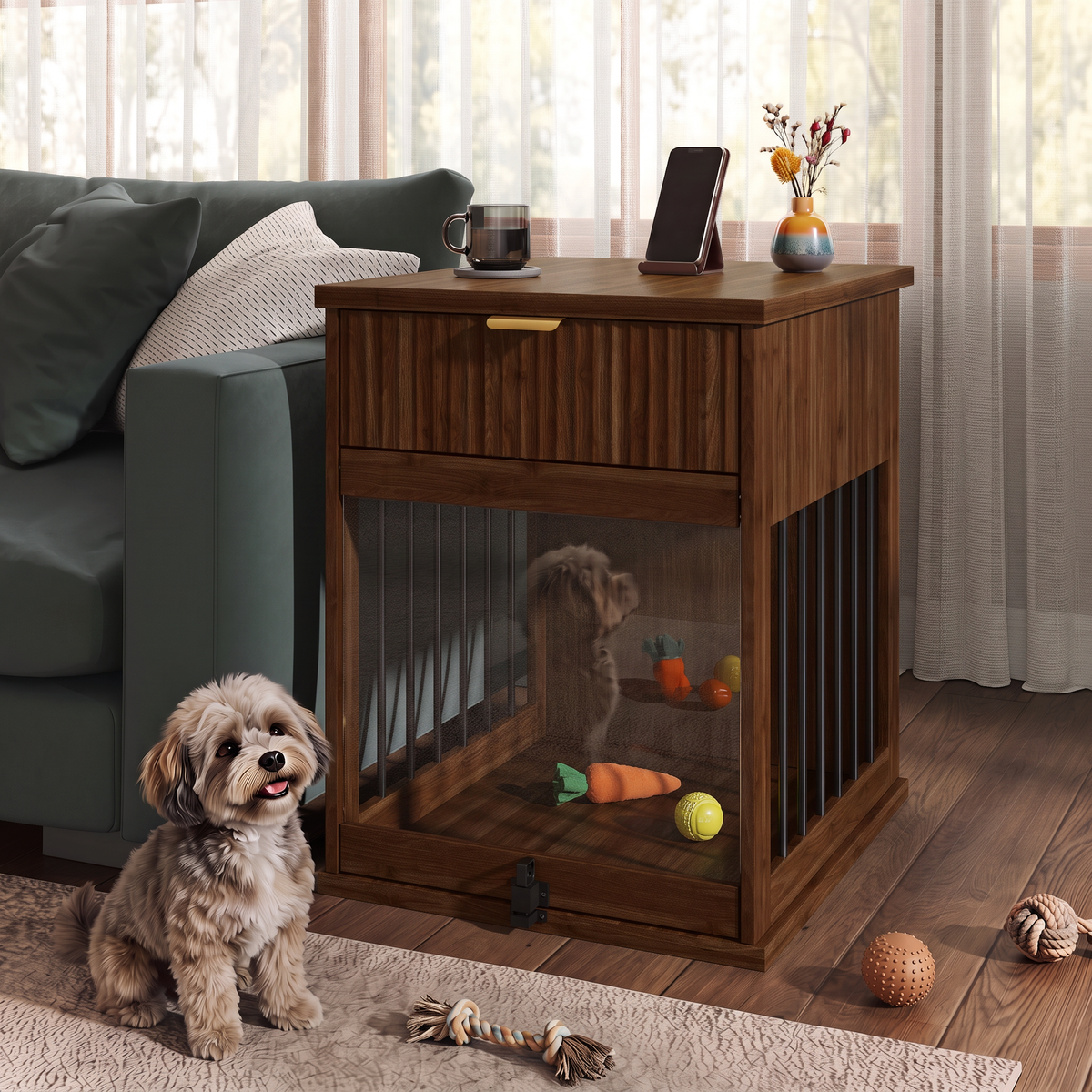 Dog Crate End Table with Charging Station and Storage - Oak/Tempered Glass