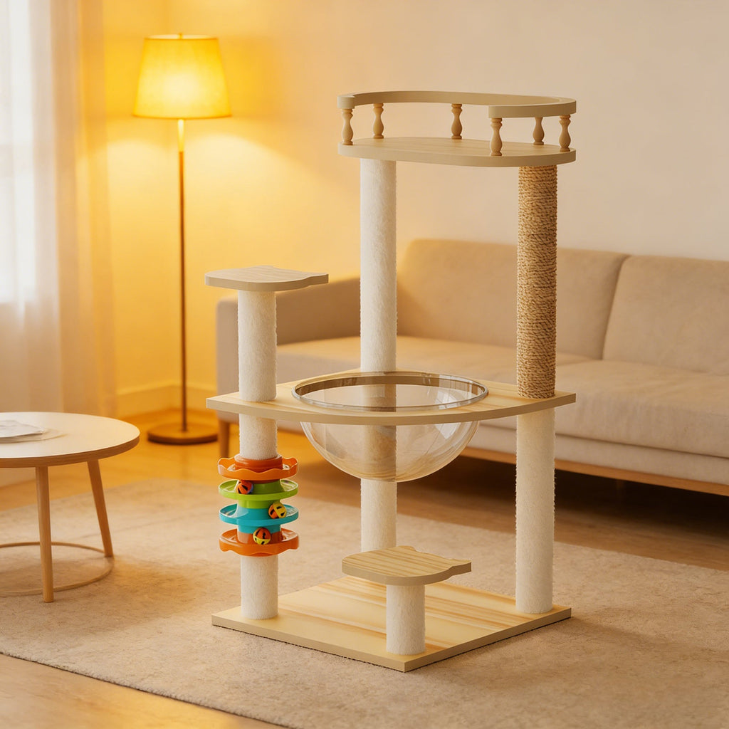 Modern Cat Tower with Scratching Posts and Acrylic Hammock - Natural+White
