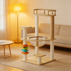 Modern Cat Tower with Scratching Posts and Acrylic Hammock - Natural+White