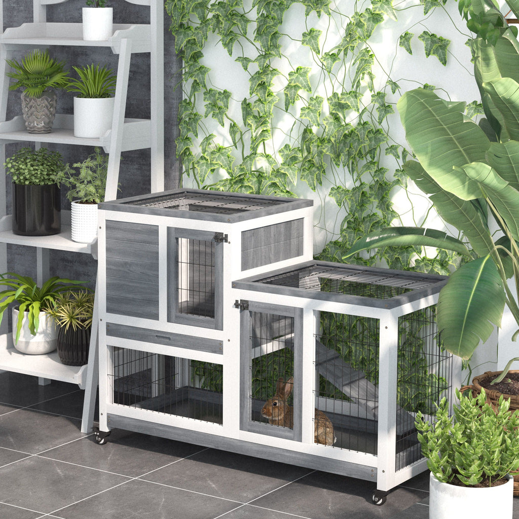 Wooden Rabbit Hutch with Wheels and Removable Tray - Gray
