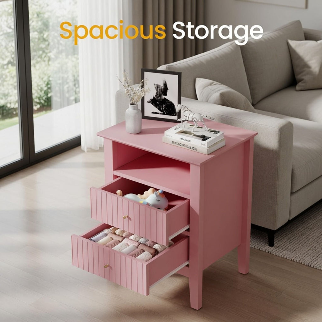 Fluted Nightstand with 2 Drawers and Soft-Close Slides - Multiple Colors