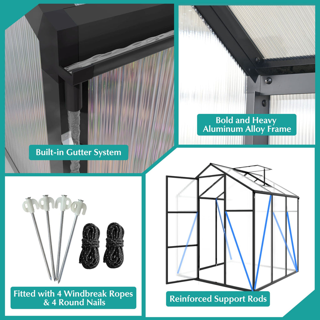 Windproof Greenhouse with Raised Base - Polycarbonate Panels - Black