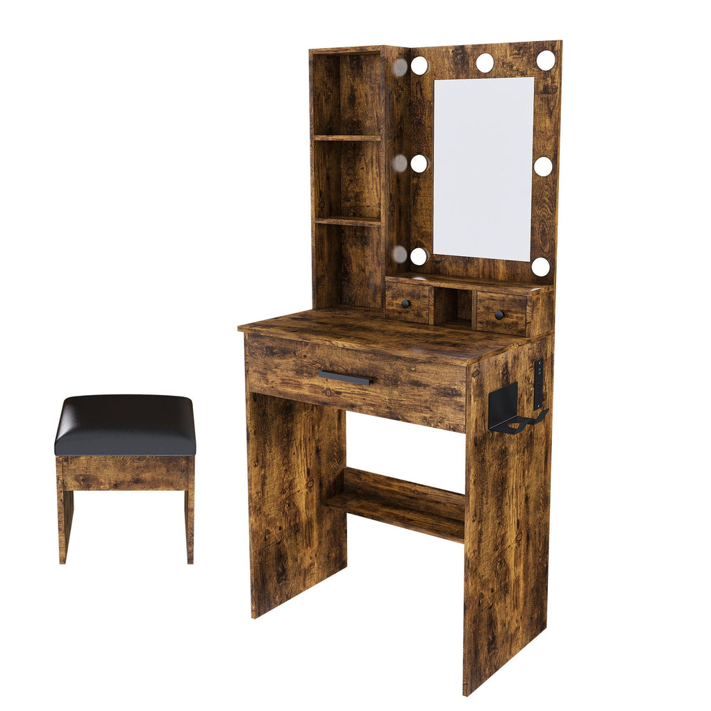 Vanity Set with Mirror, Adjustable LED Lights & Power Outlet - Wood & Mirror
