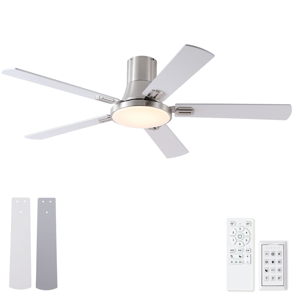 Flush Mount Ceiling Fan with LED Light and Remote Control - Black, White, Pearl Silver