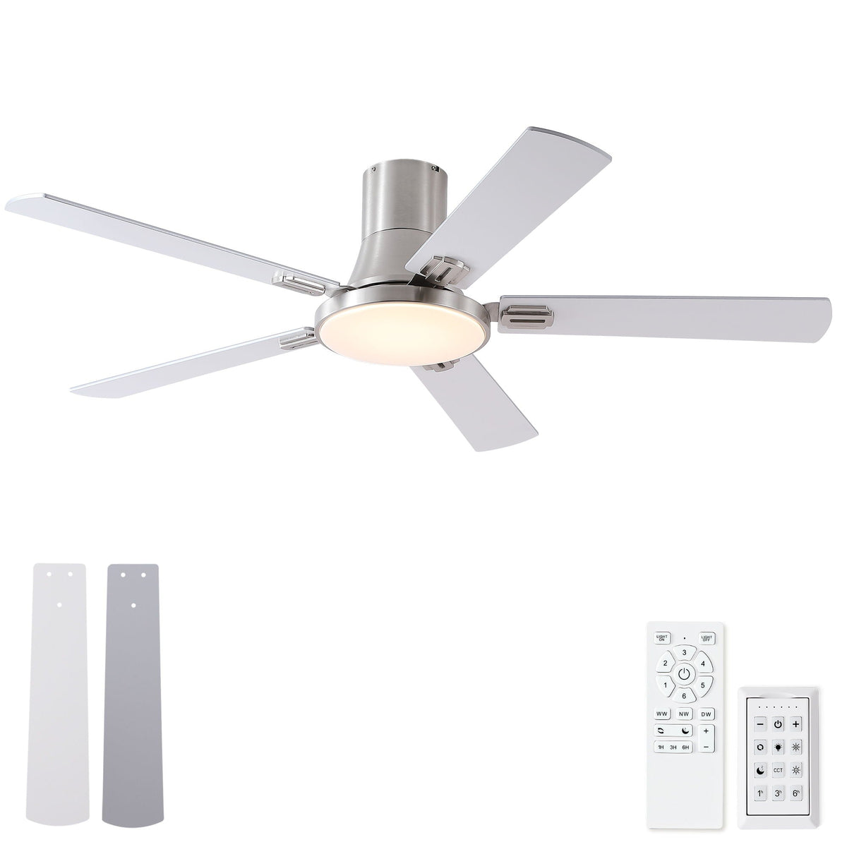 Flush Mount Ceiling Fan with LED Light and Remote Control - Black, White, Pearl Silver