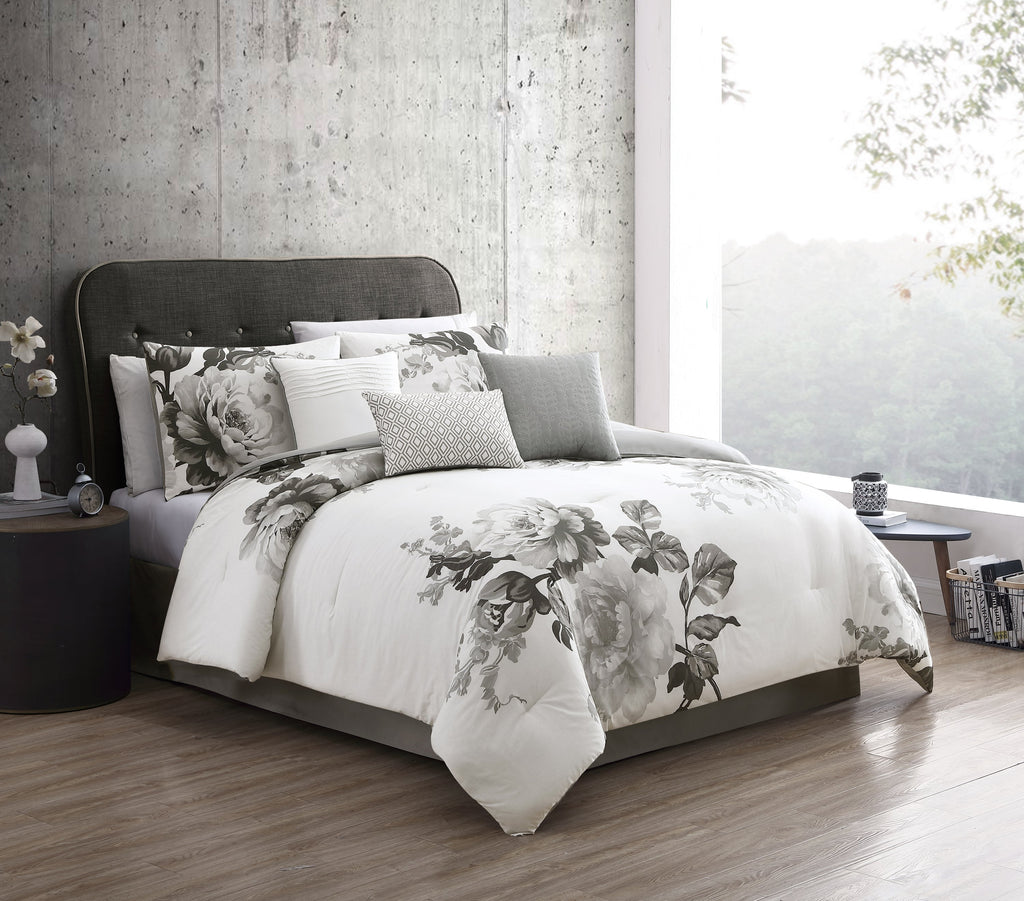 Black and White Floral Comforter Set with Reversible Backing - 7 Piece