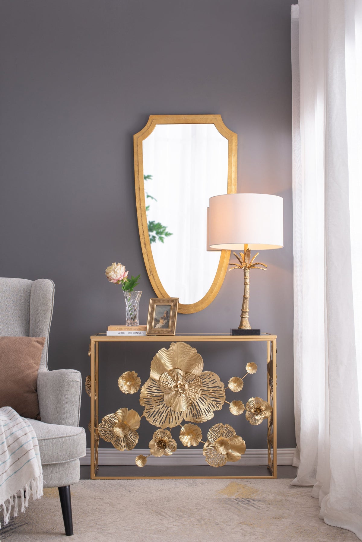 Gold Leaf Table Lamp with Marble Base - Gold